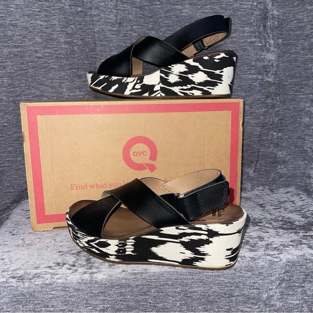 Clarks Collection Leather Heeled Wedge Sandal Valarie James SZ 6.5 Medium - Picture 3 of 8